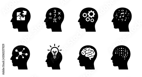 Abstract Human Head Icons Set: Brainstorming, Logic, Creativity, Music, Science, Ideas, Intelligence, Innovation, Vector Graphics