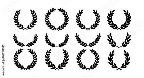 Classic Laurel Wreath Vector Icons, Vintage Award Emblems, Decorative Victory Branches, Elegant Heraldic Elements, Set of 12 Black Silhouettes