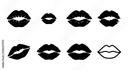 Kiss Mark Vector Icons, Lipstick Imprint Shapes, Mouth Pout Symbols, Romantic Lip Prints, Beauty and Love Graphics, Set of 8 Black and White Illustrations