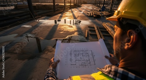 Construction Blueprint Review At Sunrise Overseeing Future Projects