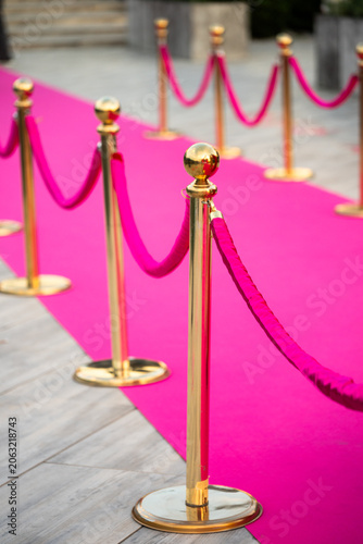 Pink Carpet with Golden Stanchions and Red Velvet Ropes at VIP Event Entrance