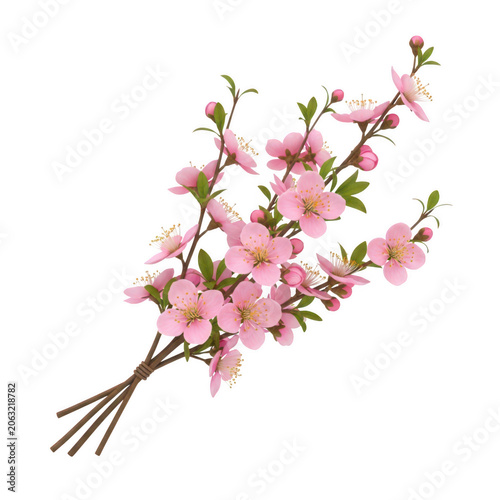 A beautiful bouquet of pink flowers with green stems and leaves isolated on transparent background