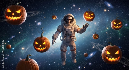 Astronaut holding jack-o-lanterns floating in space with Halloween pumpkins and stars
