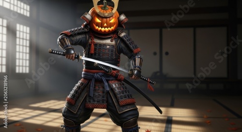 Samurai warrior holding sword in traditional dojo with dramatic lighting and intense focus