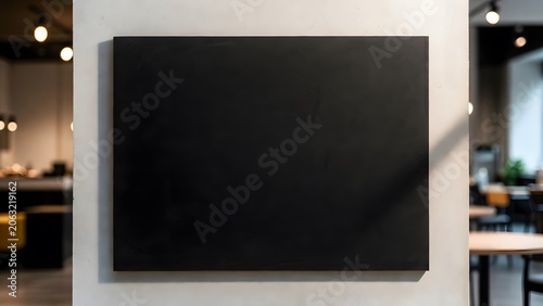 Blank Hanging Chalkboard on Wall for Advertising, Marketing Messages and Business Announcements. High-quality professional photograph featuring a blank black chalkboard or blackboard panel hanging 
