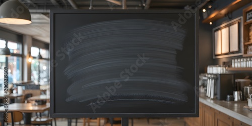 Blank Hanging Chalkboard on Wall for Advertising, Marketing Messages and Business Announcements. High-quality professional photograph featuring a blank black chalkboard or blackboard panel hanging 