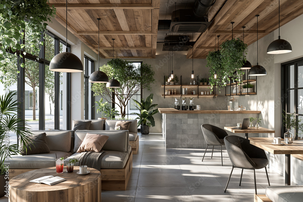 Fototapeta premium Modern open-plan living room and dining area with natural wood finishes and lush indoor plants