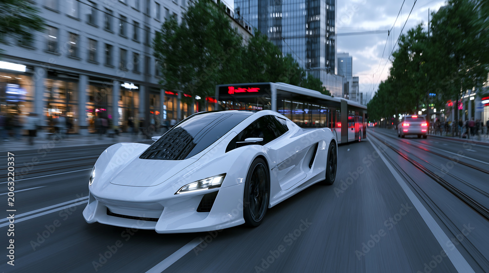 Fototapeta premium white sports car driving fast on city street with motion blur showing luxury automotive design and modern urban transport technology