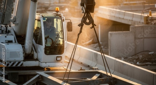 Construction Crane Operator Lifts Heavy Steel During Sunset Operations