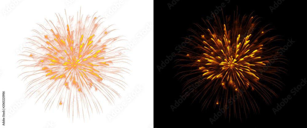 Fototapeta premium Golden firework explosion isolated on black and white backgrounds, festive pyrotechnic burst for celebration, glowing orange firework sparks