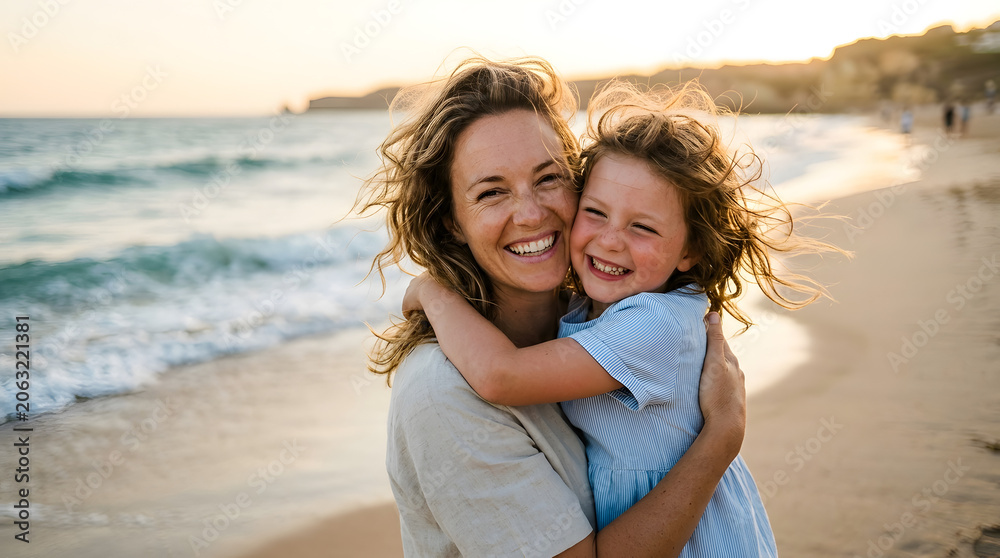 Fototapeta premium Happy mother and daughter hugging on the beach during golden hour sunset