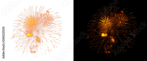 Slika na platnu Golden fireworks explosion isolated on white and black background, festive pyrot