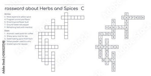 Crossword puzzle about herbs and spices with grid and clues  