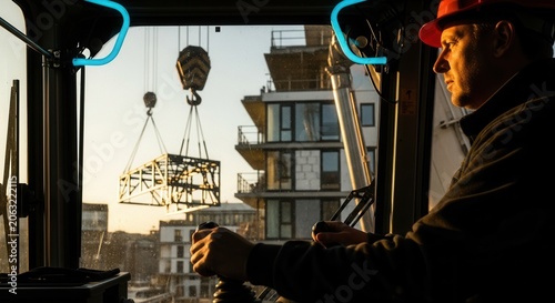 Construction Crane Operator Skillfully Maneuvering Heavy Loads On A Busy Urban Construction Site