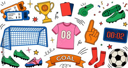 Foto Set of soccer elements, football equipment, trophy, goal, ball, tickets, whistle