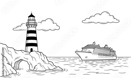 Lighthouse and cruise ship black and white outline illustration