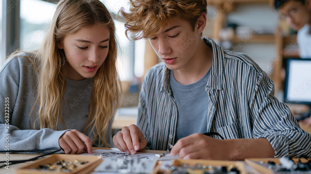 Fototapeta premium Two teenage students collaborate on a soldering project at a school maker space workbench, circuit boards and component trays spread neatly across the surface as an instructor