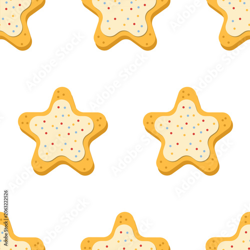 Seamless star-shaped sugar cookie pattern, vector illustration of cookies with sprinkles for bakery design.