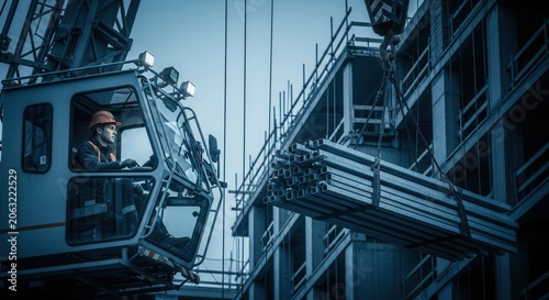 Construction Crane Operator Skillfully Maneuvering Materials Overhead Building Site