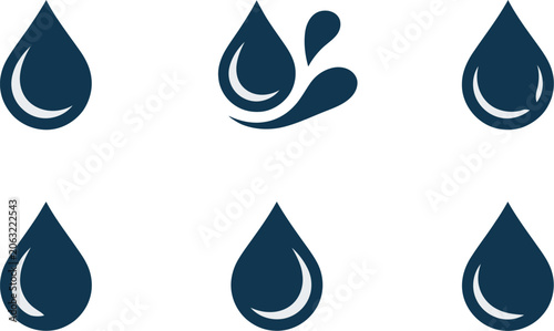 Photos Water drops, symbols, liquid droplet icons representing hydration moisture purity rainfall and water conservation concepts for environmental and utility graphics