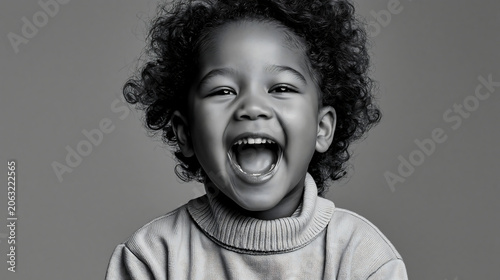 classic monochrome image capturing candid laughter of happy young boy ideal for family portrait photography and childhood