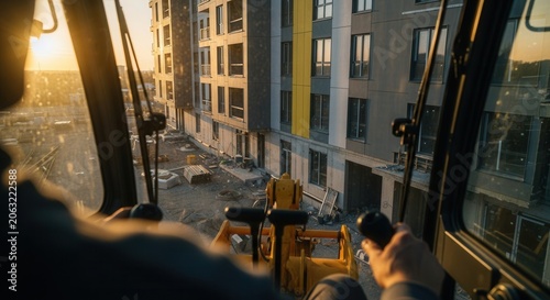 Construction Crane Operator View At Sunset Building Project Progress