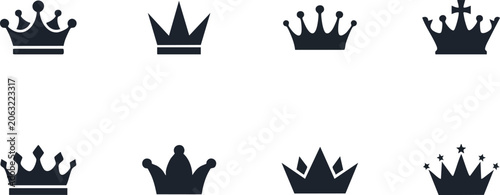 Fényképezés Set of silhouette crown icons and emblems representing royalty power and status in dark colors