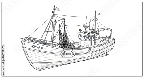 Tableau sur toile Traditional fishing boat with nets and rigging line art