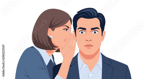 Woman whispering secret to a man with surprised facial expression