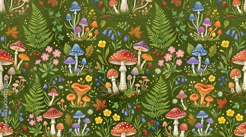 Colorful mushrooms and flowers in a forest seamless pattern