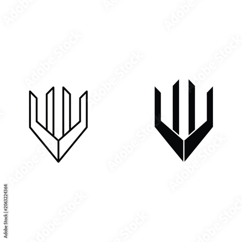 Abstract arrow symbols with three and four prongs in black and white