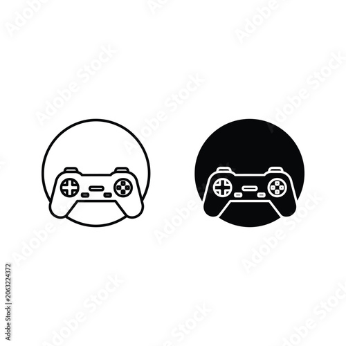 Black and white game controllers with analog sticks and buttons, video game