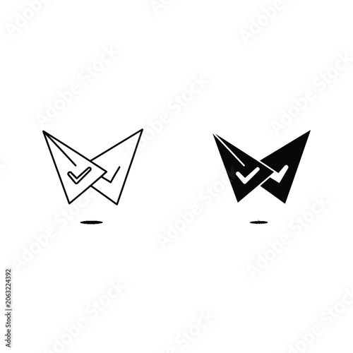 Two abstract geometric shapes resembling masks or faces with triangular forms