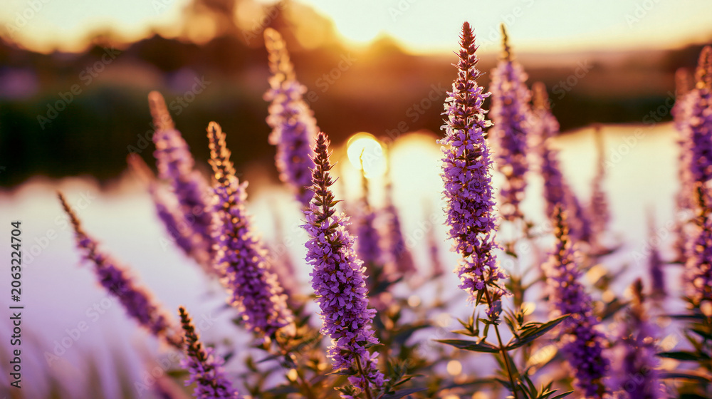 Obraz premium Tall purple flowers stand elegantly by tranquil water as the setting sun casts a warm, peaceful glow across the landscape. Nature's beauty at dusk.