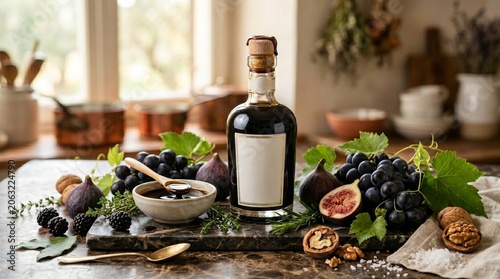 Luxury Balsamic Vinegar Bottle Mockup with Fresh Grapes and Figs