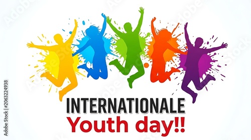Colorful celebration of international youth day with jumping silhouettes and vibrant splashes of paint