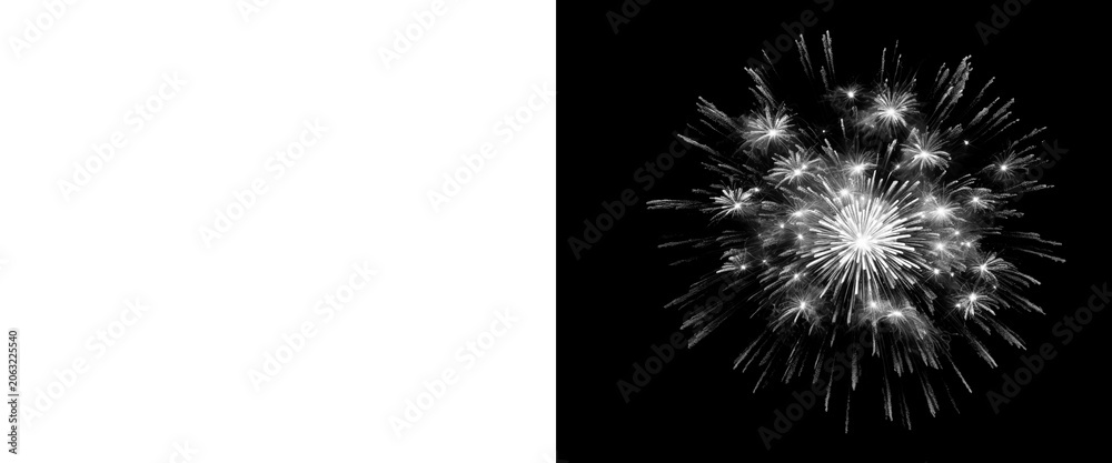 Fototapeta premium Monochrome firework explosion on black background, white pyrotechnic burst with alpha channel mask, festive light sparks for holiday overlays