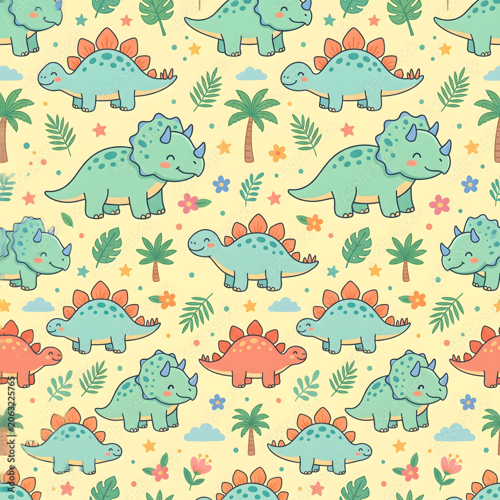 Obraz premium Cute seamless pattern featuring hand drawn cartoon dinosaurs with tropical palm trees and leaves for nursery wallpaper and children fabric design
