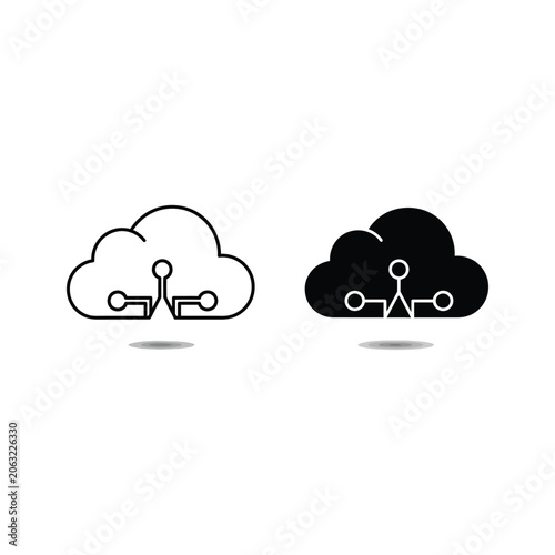 Two cloud icons with interconnected gears representing cloud computing and technology