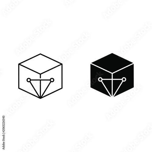 Two geometric cube icons with internal triangular structures and circular nodes, geometric
