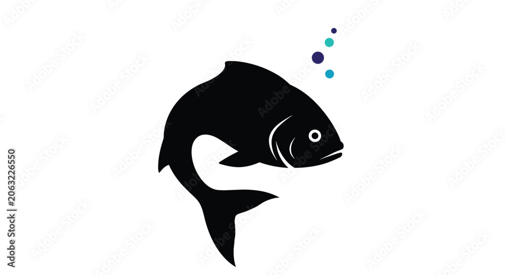 Fototapeta premium Black silhouette of a swimming fish with small colorful blue and purple bubbles coming out of its mouth on white background.