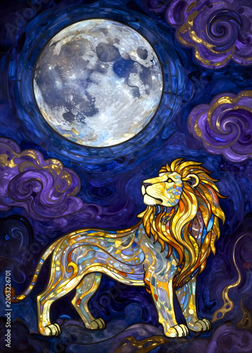 Golden lion in the moonlight, fantasy painting