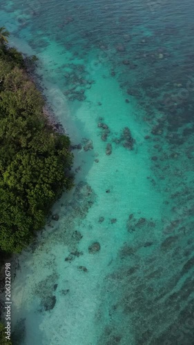 Top Down Aerial Of Green Island Edge And Coral Reef Shallows