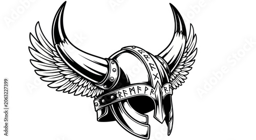 Obraz na plátně Winged and horned viking helmet with runic symbols