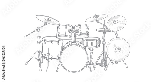 Photography Complete drum kit with cymbals bass drum and hardware line art