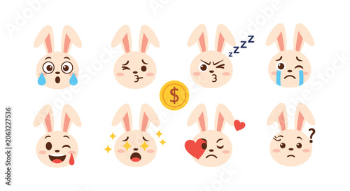 Cute rabbit character stickers set includes eight different expressive faces with emotions ranging from happy and crying to sleepy and surprised.