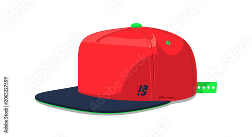 Bilde på lerret Red baseball cap with navy blue flat brim and green accents