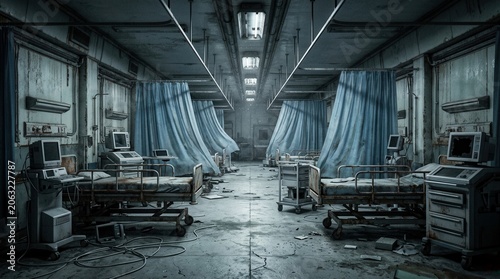 Abandoned Hospital Ward With Medical Beds And Monitors