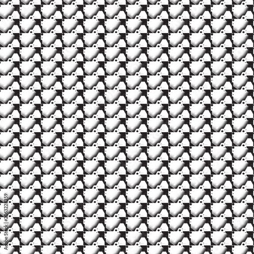 Seamless black and white geometric pattern with 3D embossed elements, optical illusion abstract repeating background featuring checkered grid shapes and textured gradient squares