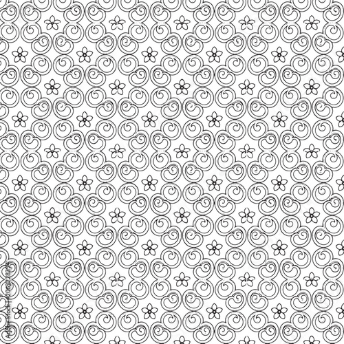 Black and white seamless geometric pattern featuring abstract floral elements swirls and symmetrical line art textures on a clean white background